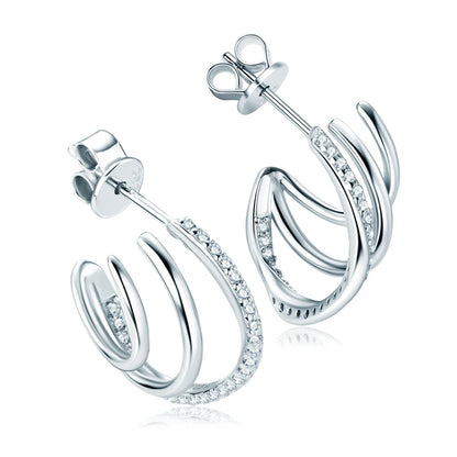 New Geometric Triple Hoops Moissanite Stud Earrings Silver 925 Illusion Ear Cuffs Piercing Earring for Women Gifts Jewelry