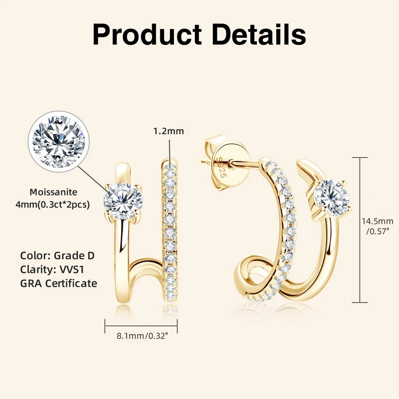 NEW 4mm Moissanite Piercing Stud Ear Cuffs 925 Sterling Silver Double Side Hoop Earrings for Women Illusion Jewelry Gifts