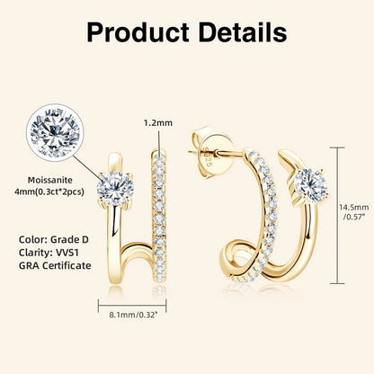 NEW 4mm Moissanite Piercing Stud Ear Cuffs 925 Sterling Silver Double Side Hoop Earrings for Women Illusion Jewelry Gifts