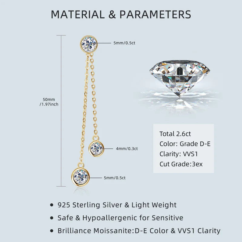 All Moissanite Drop Earrings Detachable Double Chain Hanging Stud Earring Silver 925 for Women Party Wedding Daily Jewelry