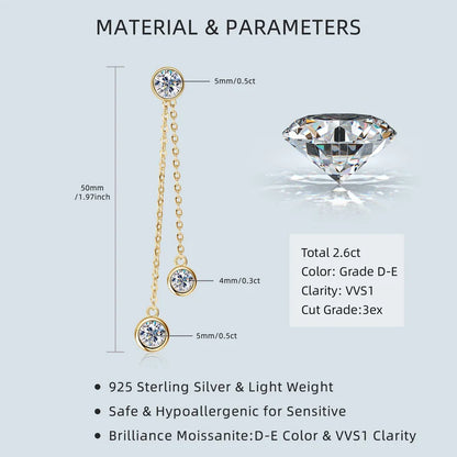 All Moissanite Drop Earrings Detachable Double Chain Hanging Stud Earring Silver 925 for Women Party Wedding Daily Jewelry