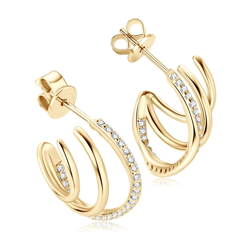 New Geometric Triple Hoops Moissanite Stud Earrings Silver 925 Illusion Ear Cuffs Piercing Earring for Women Gifts Jewelry