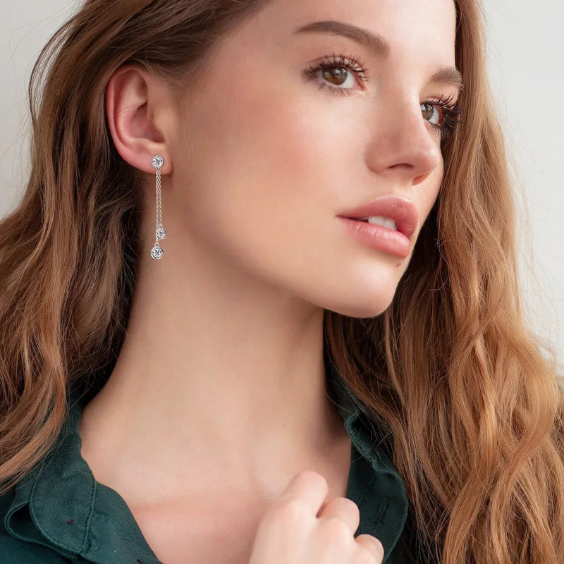 All Moissanite Drop Earrings Detachable Double Chain Hanging Stud Earring Silver 925 for Women Party Wedding Daily Jewelry