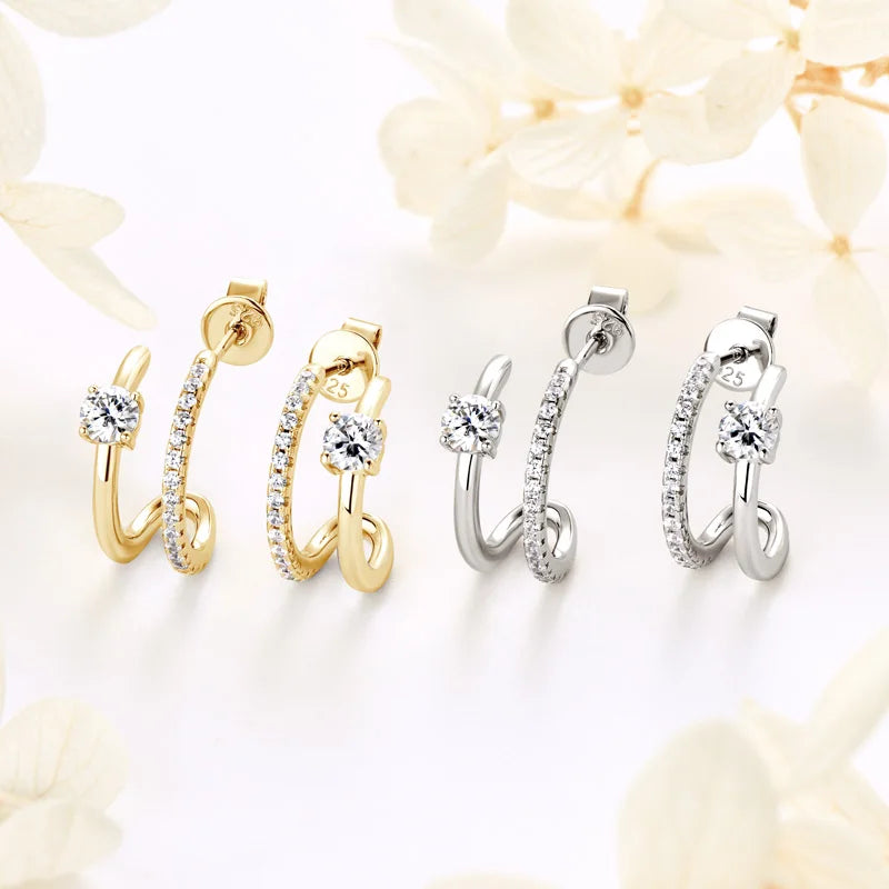 NEW 4mm Moissanite Piercing Stud Ear Cuffs 925 Sterling Silver Double Side Hoop Earrings for Women Illusion Jewelry Gifts