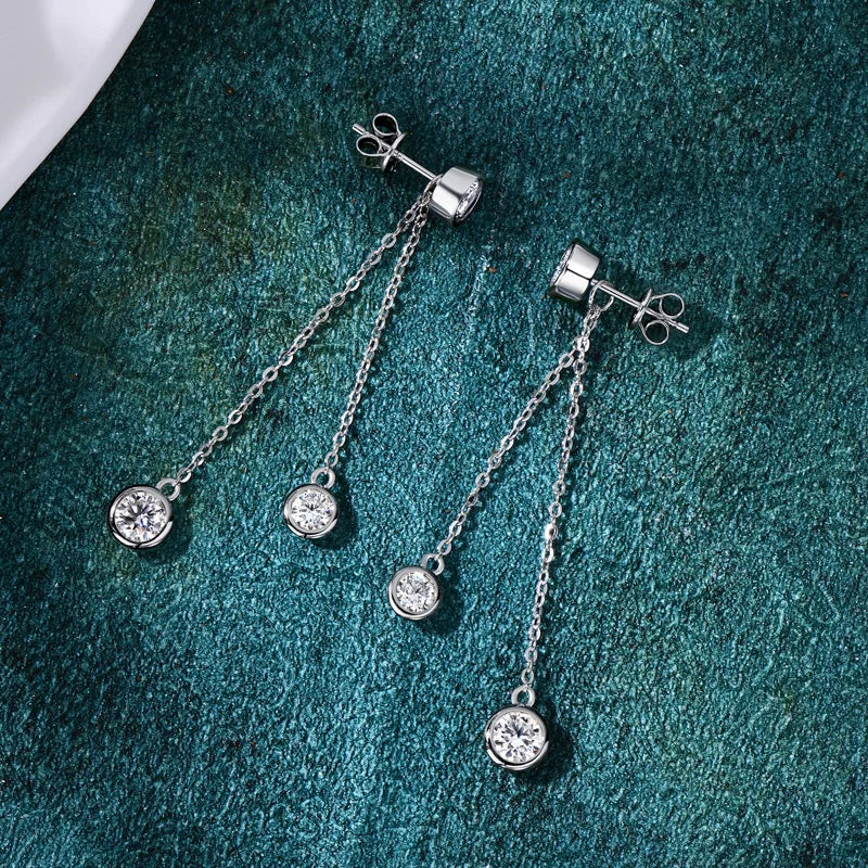 All Moissanite Drop Earrings Detachable Double Chain Hanging Stud Earring Silver 925 for Women Party Wedding Daily Jewelry