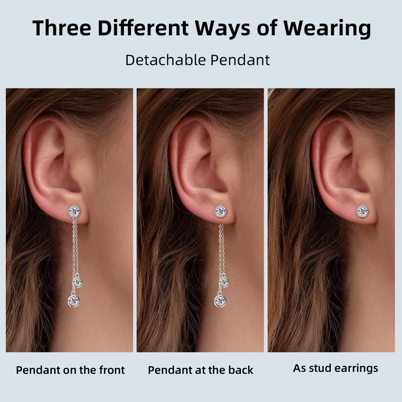 All Moissanite Drop Earrings Detachable Double Chain Hanging Stud Earring Silver 925 for Women Party Wedding Daily Jewelry