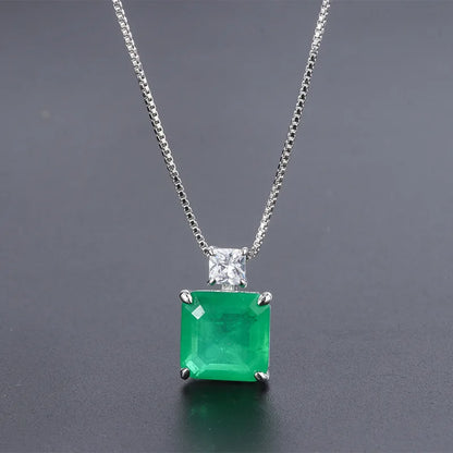 5.5CT Geometric Emerald Necklace Plated 925 Silver Copper 10mm Gemstones Pendant Necklace For Women Vintage Fine Jewelry