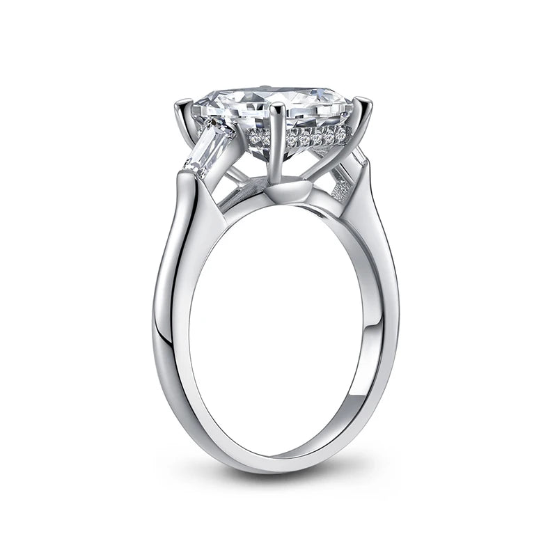 Luxury 4 Carat Emeraled Cut Ring for Women Solid 925 Sterling Silver Three Stones Rings Wedding Engagement Jewelry Gift