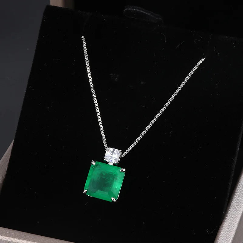 5.5CT Geometric Emerald Necklace Plated 925 Silver Copper 10mm Gemstones Pendant Necklace For Women Vintage Fine Jewelry