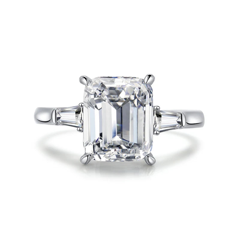 Luxury 4 Carat Emeraled Cut Ring for Women Solid 925 Sterling Silver Three Stones Rings Wedding Engagement Jewelry Gift