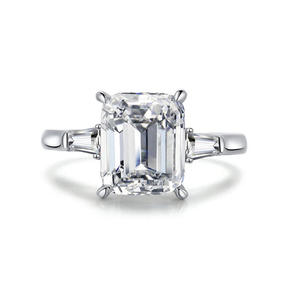 Luxury 4 Carat Emeraled Cut Ring for Women Solid 925 Sterling Silver Three Stones Rings Wedding Engagement Jewelry Gift