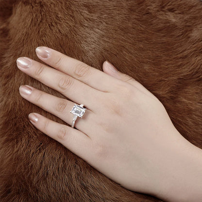 Luxury 4 Carat Emeraled Cut Ring for Women Solid 925 Sterling Silver Three Stones Rings Wedding Engagement Jewelry Gift