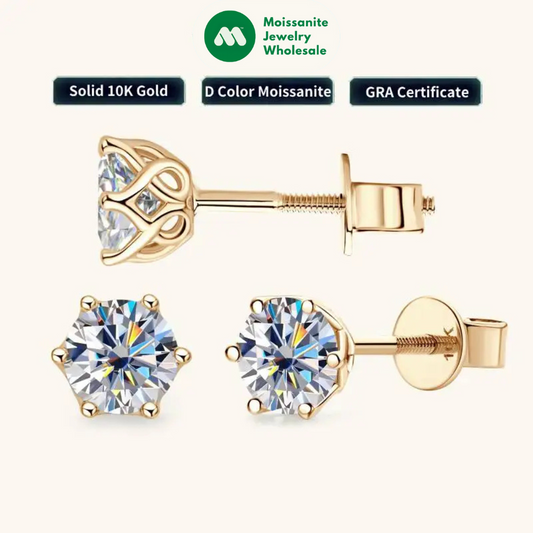 100% 10k Gold Stud Earrings 0.5ct 1.0ct Round Cut Moissanite Diamond Earrings for Men & Women Certified Real Yellow Gold Jewelry