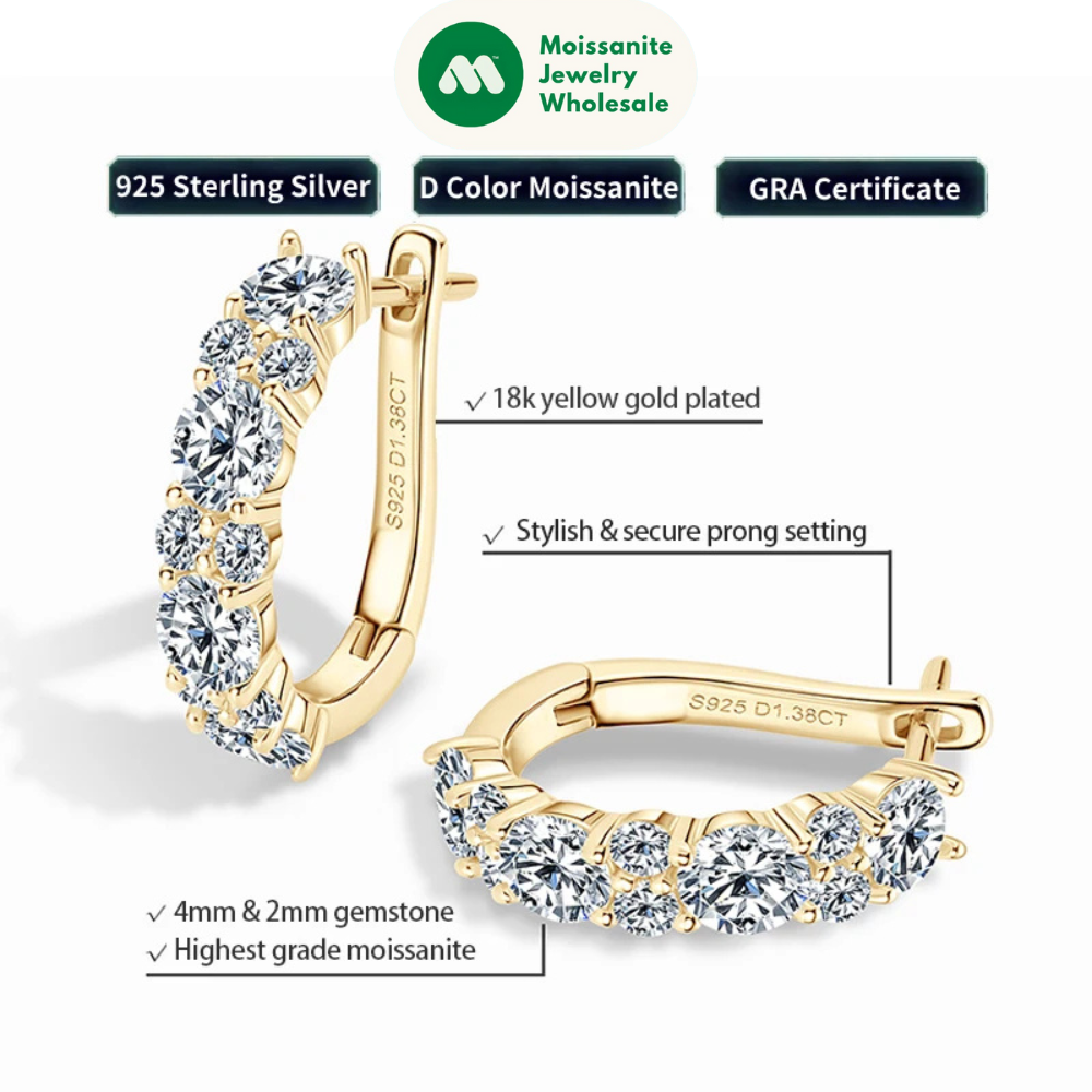 Sparking VVS1 Moissanite Earrings S925 Silver U Shape Hoop Earrings for Women Hot Sale Wedding Jewelry Certified 2.76CTTW.