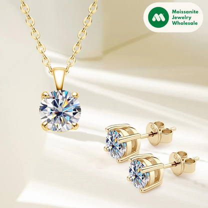 6.5mm 3.0cttw D Color Moissanite Jewelry Set 18K Gold Plated Silver 925 Stud Earrings Pendant Necklace for Women Gift Birthday