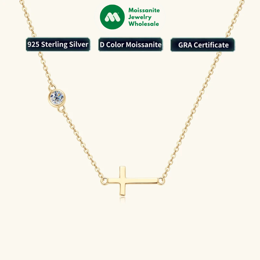 2024 New 925 Silver Cross Pendant Necklace for Women Delicate Sideway Moissanite 4mm Charm Necklace Jewelry Valentine Day Gift