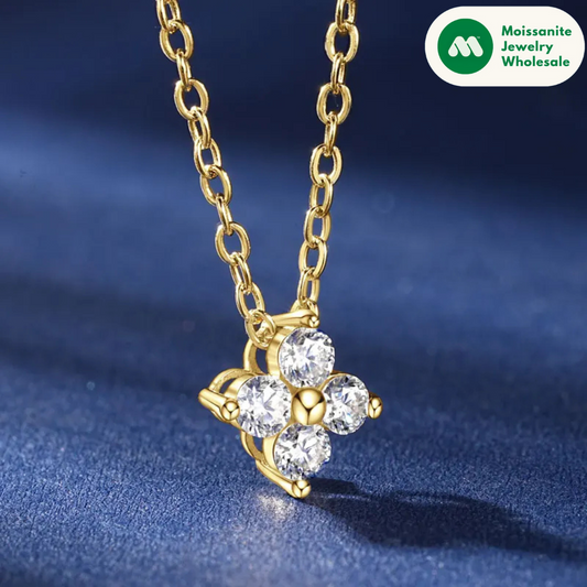 100% Real 10K Gold Clover Flower 2.5mm D Moissanite Pendant Necklace Adjustable Chain for Women Lucky Charm Jewelry Gifts