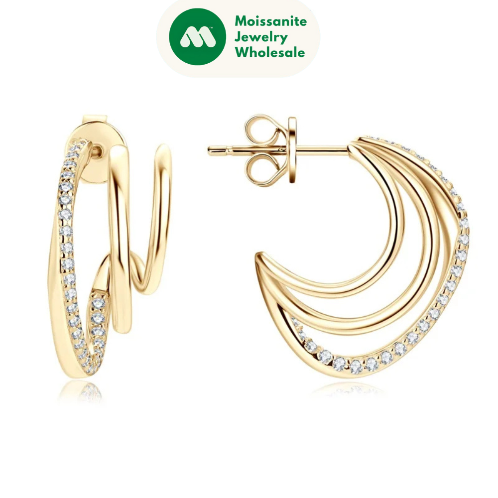New Geometric Triple Hoops Moissanite Stud Earrings Silver 925 Illusion Ear Cuffs Piercing Earring for Women Gifts Jewelry