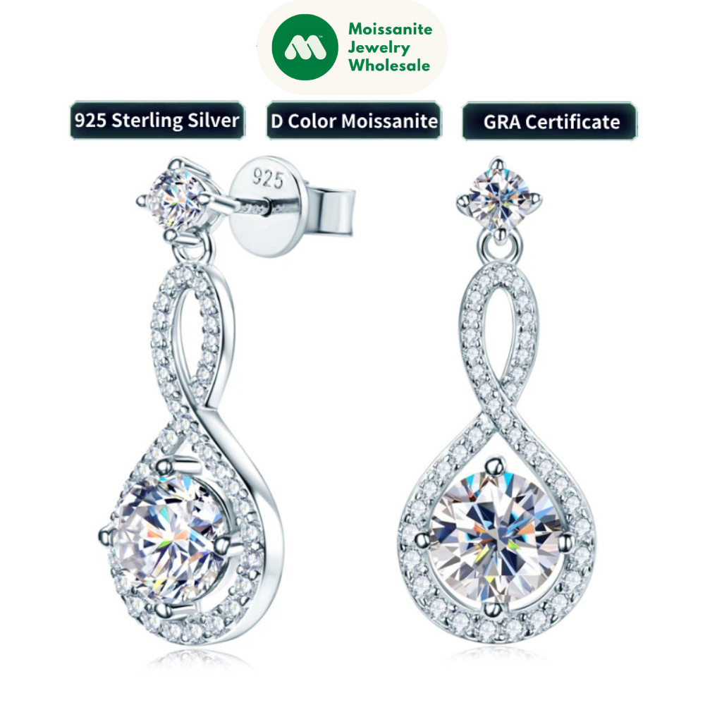 1ct Infinite White/Blue Moissanite Drop Dangle Earrings 925 Silver for Women Piercing Ear Studs Engagement Wedding Jewelry