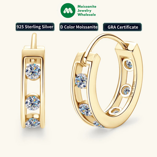 2024 New In 18K Gold Plated 0.72CTW. 2.5mm Moissanite Hoop Huggie Earrings for Women 925 Silver Jewelry with Certificate Gift