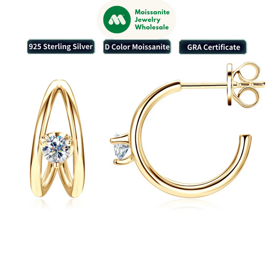 Half Double Side Hoop Earrings Real Silver 925 for Women with D Color Moissanite Stud Earrings Certificate 2024 New Jewelry Gift