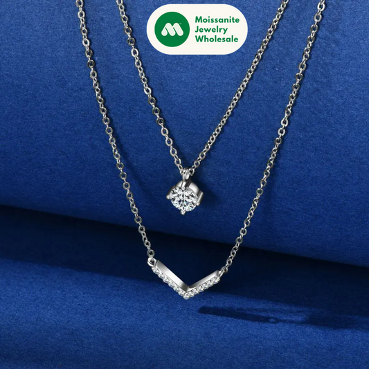 V Letter 5mm Moissanite Pendant Double Layer Necklace for Women 925 Sterling Silver Chain Clavicle 2025 New Jewelry Gifts