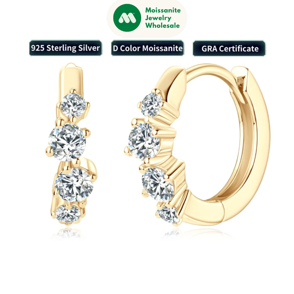 925 Sterling Silver 4 Stones Hoops Huggie Earrings Moissanite Irregular for Women GRA 3mm&2mm Round Cut Classic Jewelry