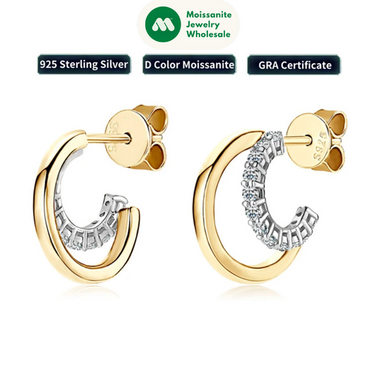 925 Sterling Silver Moissanite Earrings Stud for Women Double Open Hoop Ear Cuff 2024 Trend Jewelry with Certificate Gifts