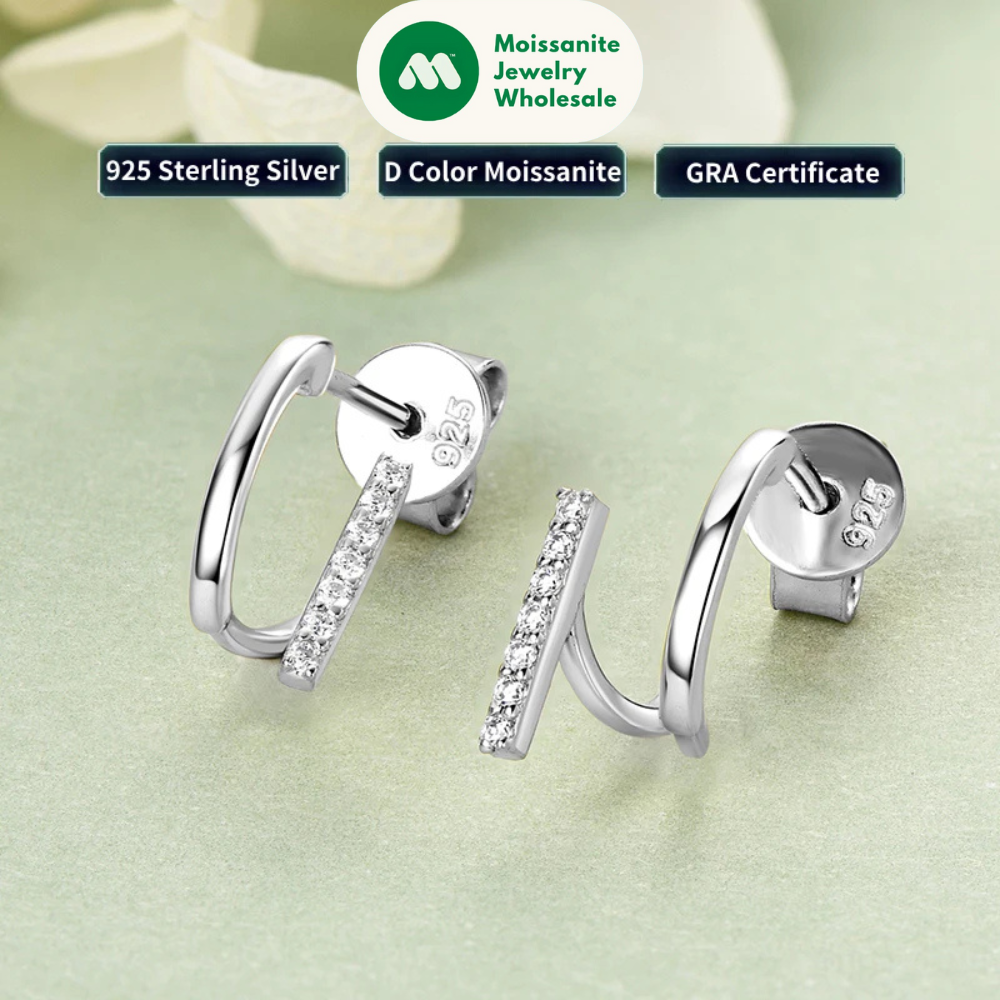 925 Sterling Silver Irregular Stud Earrings Cuff for Women Moissanite Diamond Parallel Lines Earrrings 2024 Trend Jewelry