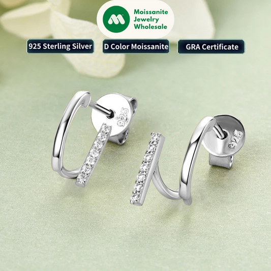 925 Sterling Silver Irregular Stud Earrings Cuff for Women Moissanite Diamond Parallel Lines Earrrings 2024 Trend Jewelry