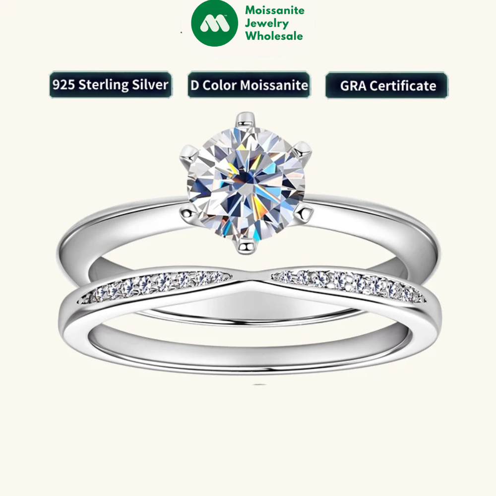Classic 1.0ct D Moissanite Wedding Engagement Rings for Women 925 Silver Solitaire Bridal Ring Stackable Half Eternity Band Sets