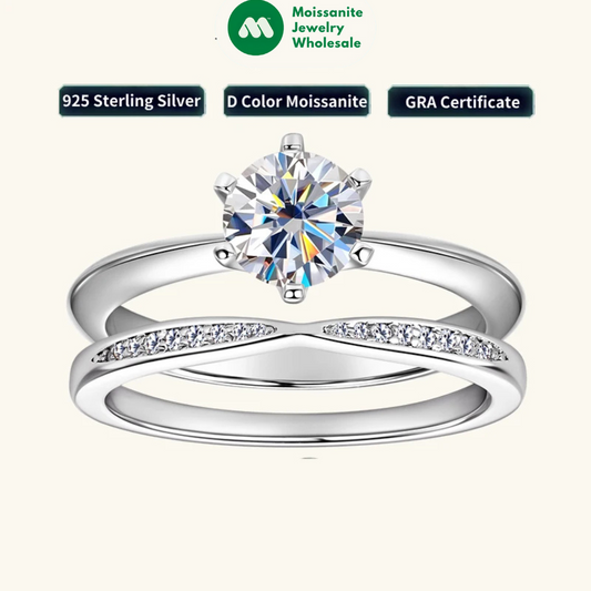 Classic 1.0ct D Moissanite Wedding Engagement Rings for Women 925 Silver Solitaire Bridal Ring Stackable Half Eternity Band Sets