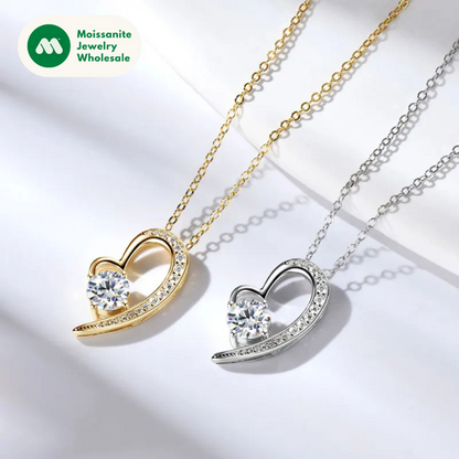Real 925 Silver Heart Pendant Necklace Moissanite 1CT 6.5mm S925 Chain for Women Lover Girl Christmas Valentine's Day Gift