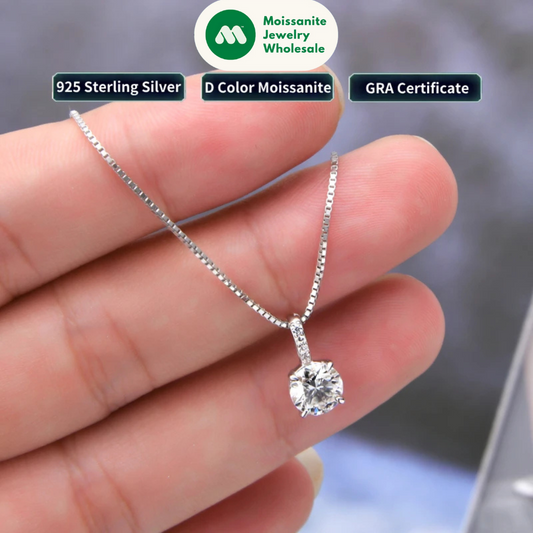 Original 6.5mm 1ct Moissanite Pendant Necklace for Women Silver 925 Sterling Box Chain Jewelry with GRA Certificate 45+5cm