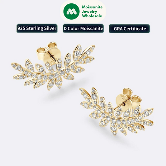Leaf-Shaped Stud Earrings Climber 925 Sterling Silver D Color Moissanite Earrings for Women Wedding Party Jewelry Valentine Gift