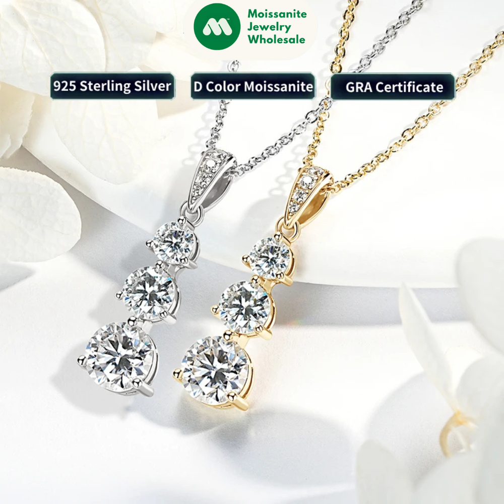 925 Silver D1.85CT Moissanite Necklace Certified Gradual Three Stone Pendant Collar Wedding Anniversary Jewelry Gift for Women
