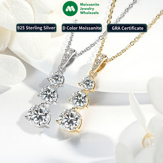925 Silver D1.85CT Moissanite Necklace Certified Gradual Three Stone Pendant Collar Wedding Anniversary Jewelry Gift for Women