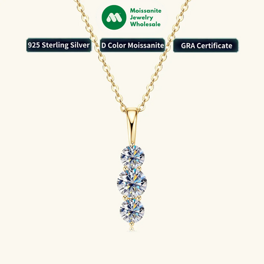 1.1ctw. D Moissanite Pendant Necklace for Women 925 Silver Three-Stone Vertical Bar Pendants Adjustable Chain Jewelry Gift