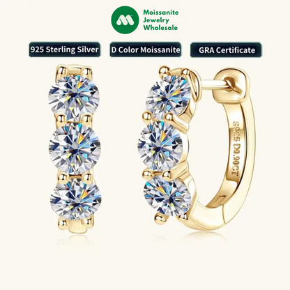 2024 New Three Stone Earrings Real 925 Sterling Silver 4mm Round Moissanite Hoop Earrings for Women Jewelry Gift Valentine Day