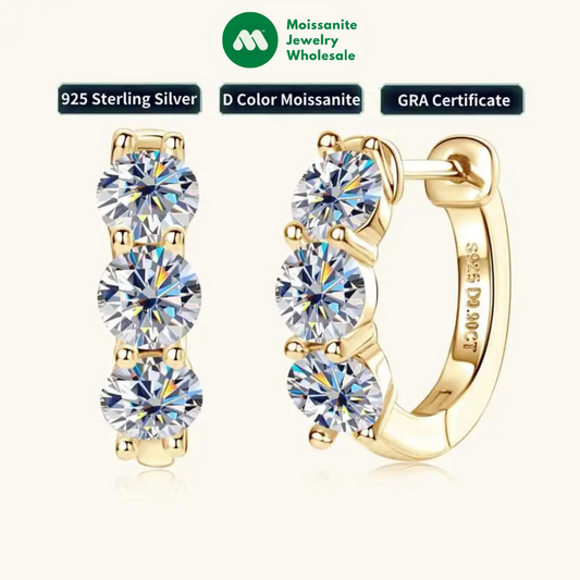 2024 New Three Stone Earrings Real 925 Sterling Silver 4mm Round Moissanite Hoop Earrings for Women Jewelry Gift Valentine Day