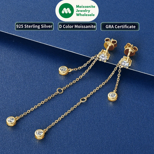Real 925 Silver D Color Moissanite Stud Earrings Long Chain Drop Earrings Piercing Ear Wedding Jewelry for Women Gift 2024 Trend