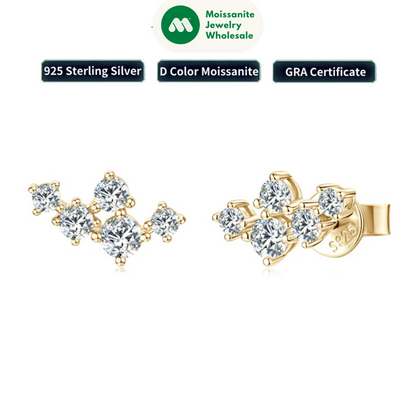 Original 925 Silver Cluster Round Moissanite Stud Earrings 18K Gold Plated for Women Gift Wedding Party Jewelry Hypoallergenic