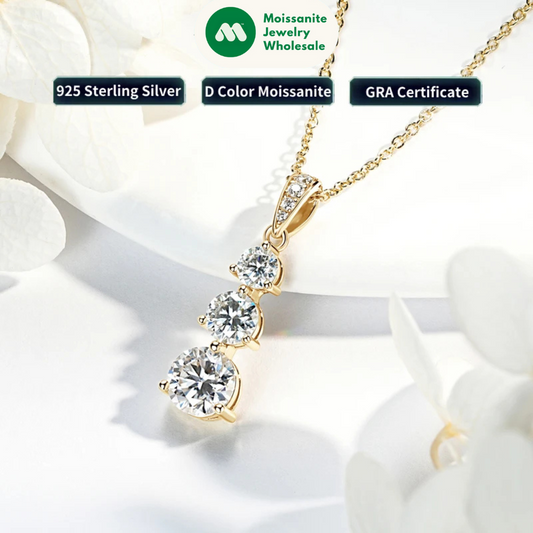 Real Certified Gradual Three Stone Moissanite Pendant Necklace 100% 925 Silver for Women Luxury Wedding Anniversary Jewelry Gift