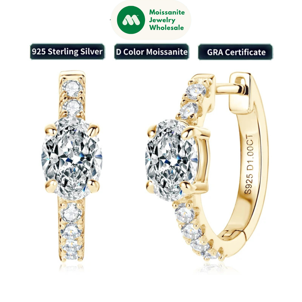 Hoop Huggie Earrings 100% 925 Sterling Silver 1.0ct Oval Cut D Color Moissanite Earrings for Women 2024 New Jewelry Gift
