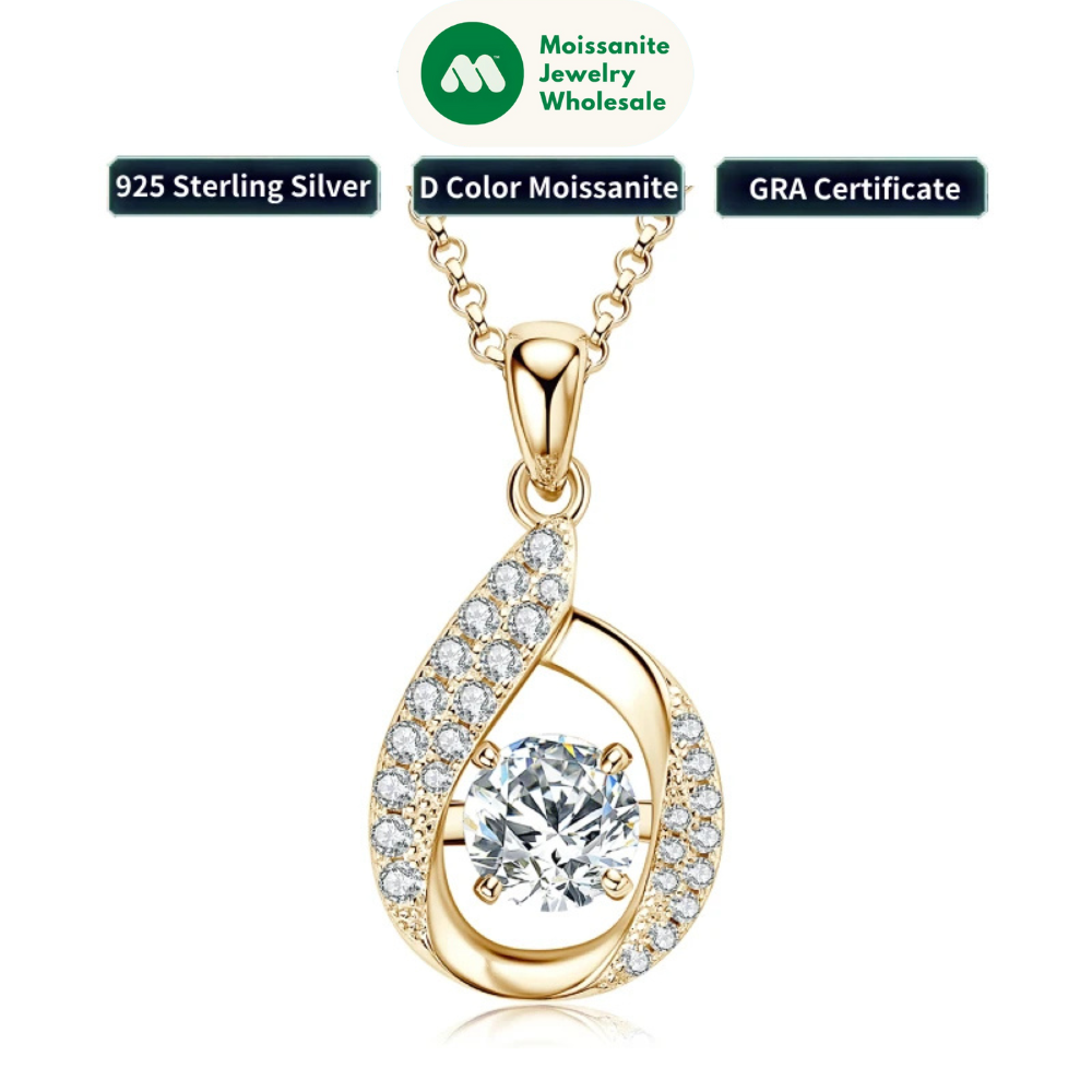 2024 New 6.5mm 1ct Round Moissanite Necklace Water Drop Pendant Women 925 Sterling Silver Jewelry for Wedding Party Gift GRA