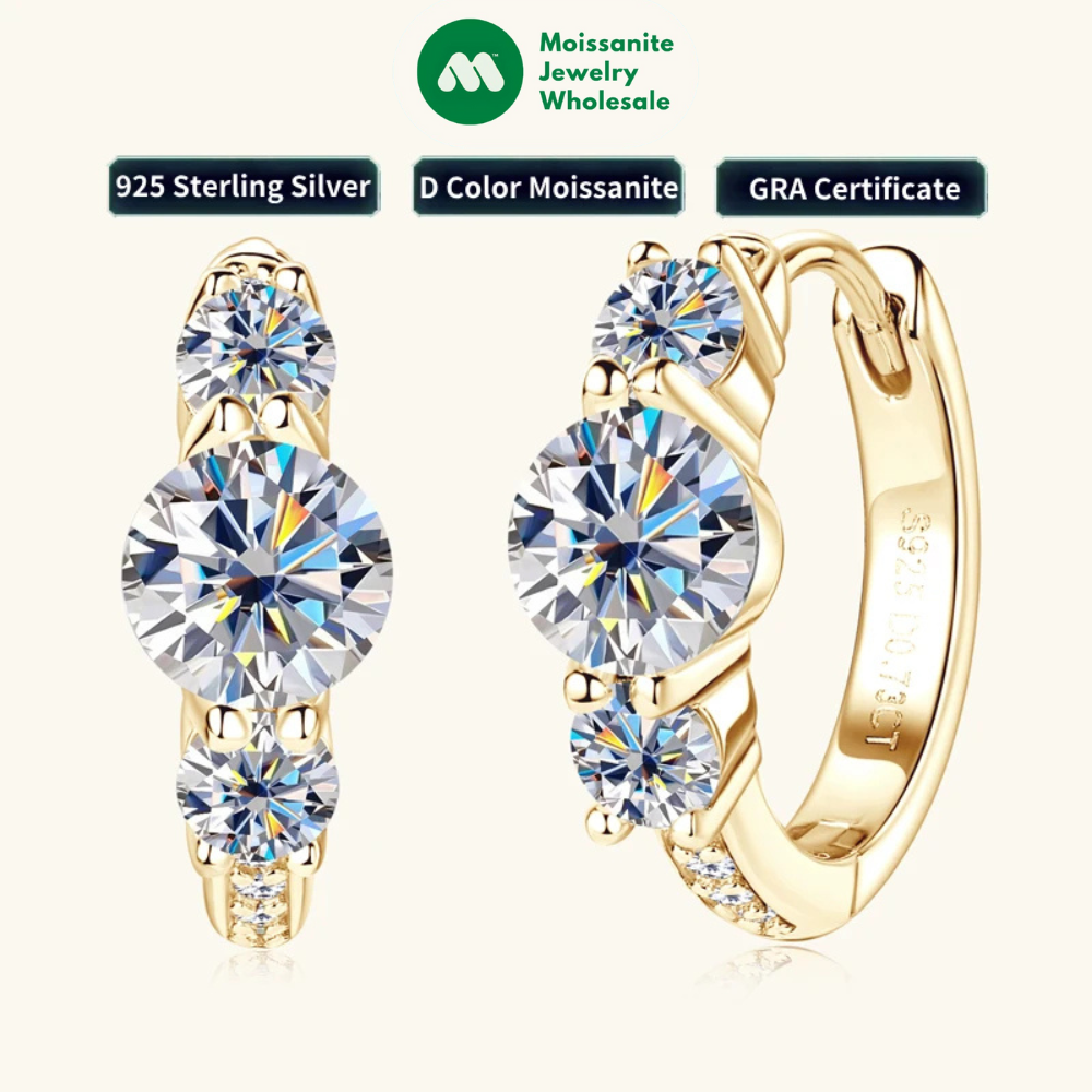Real 925 Silver 5mm Round Moissanite Three Stone Earrings for Women 2024 New Small Hoop Wedding Jewelry Valentine Day Gift