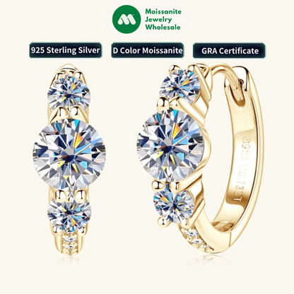 Real 925 Silver 5mm Round Moissanite Three Stone Earrings for Women 2024 New Small Hoop Wedding Jewelry Valentine Day Gift