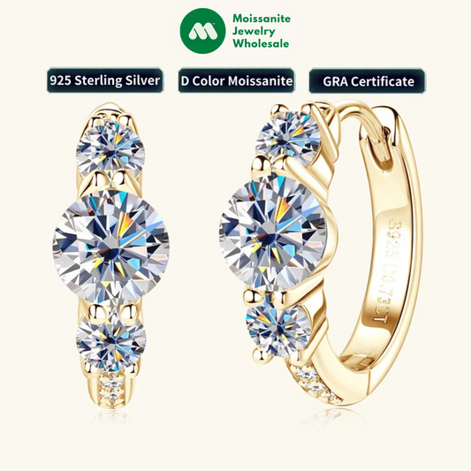 Real 925 Silver 5mm Round Moissanite Three Stone Earrings for Women 2024 New Small Hoop Wedding Jewelry Valentine Day Gift