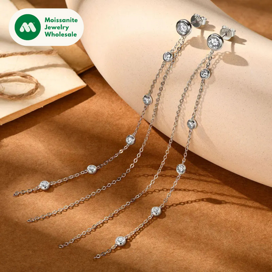 925 Silver 5mm 3mm Moissanite Earrings 10-11.5cm Long Tassel Double Chains Drop Earring for Women Valentine Jewelry Gifts