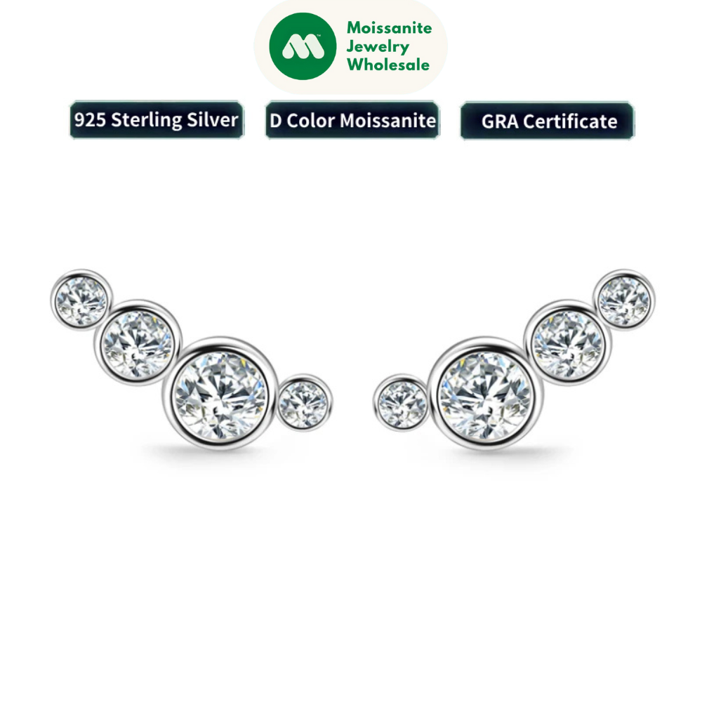 2024 Fashion D Color Bezel Moissanite Stud Earrings Climber 100% 925 Silver for Women 4 Stone Piercing Ear Jewelry GRA Certified